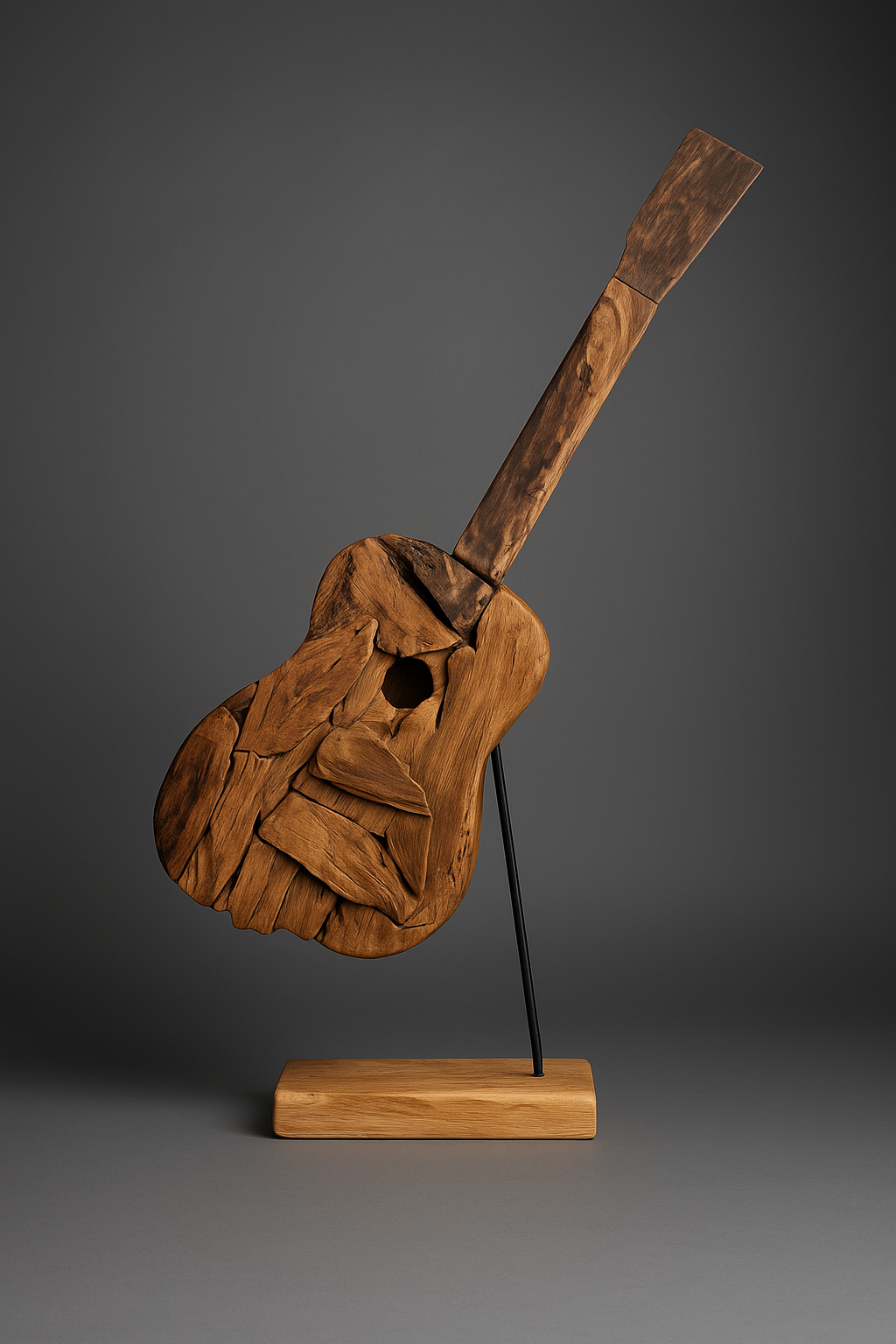 Wooden sculpture of a guitar on a stand against a gray background